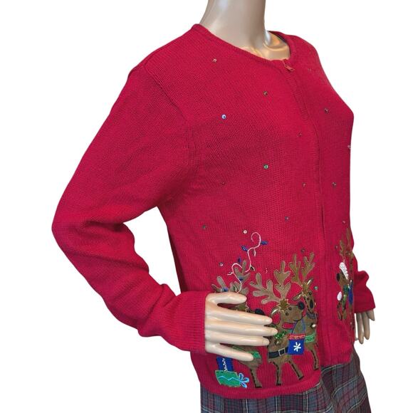 Vintage Ugly Christmas Sweater SZ Large Granny Zip Up Cardigan Knit Holiday Red - Picture 10 of 16